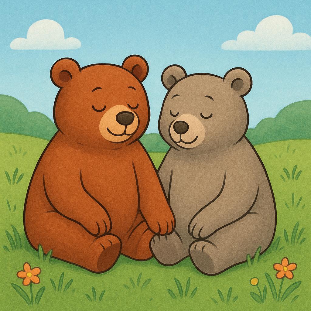 Two relaxed storybook bears sitting calmly together on a bright green meadow, depicting a state of peace.