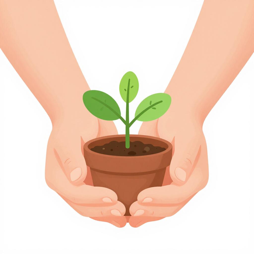 A child holding a small seedling carefully with both hands to keep it upright and safe.