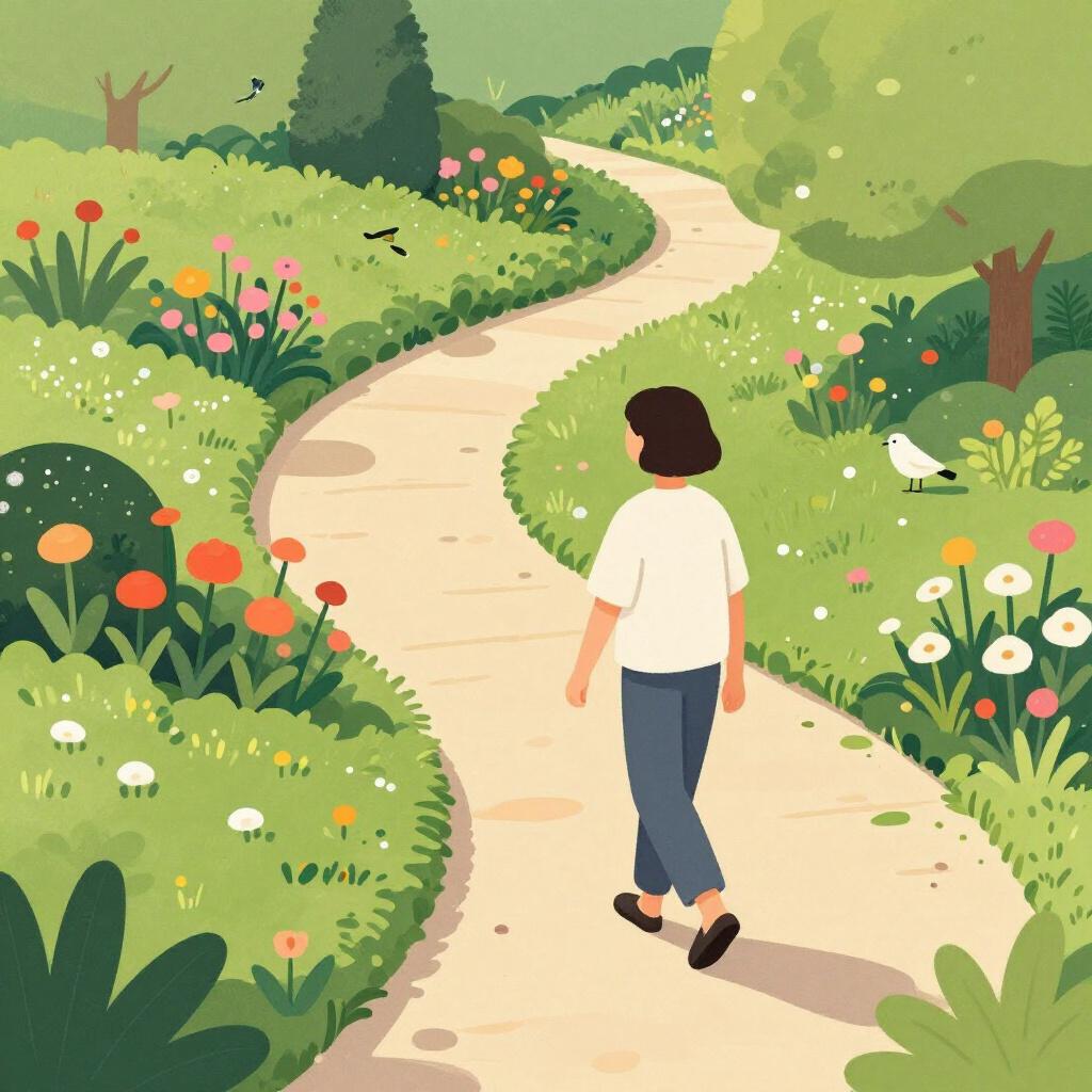 A person walking slowly through a peaceful park with no specific destination, looking at the trees.