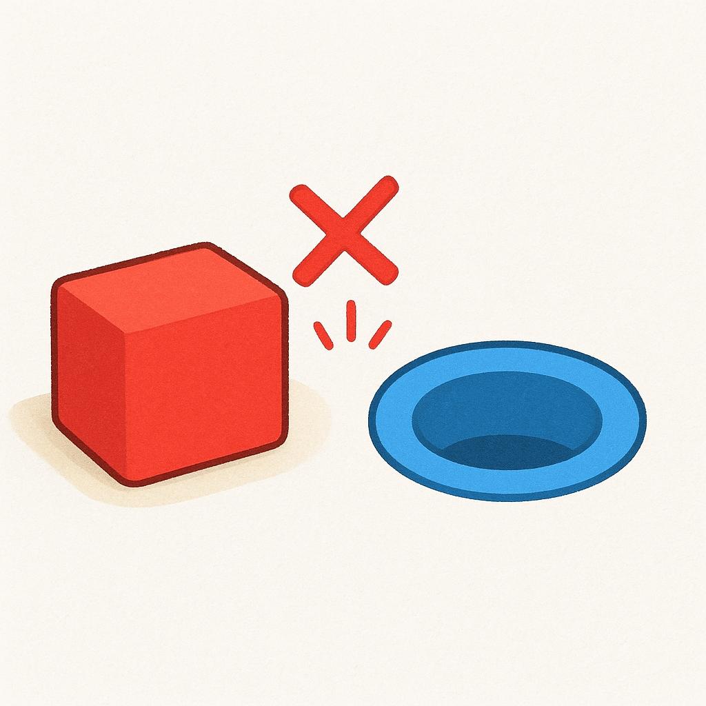 A high quality storybook illustration of a bright red square block placed next to a blue round hole, depicting a clear mismatch and error.