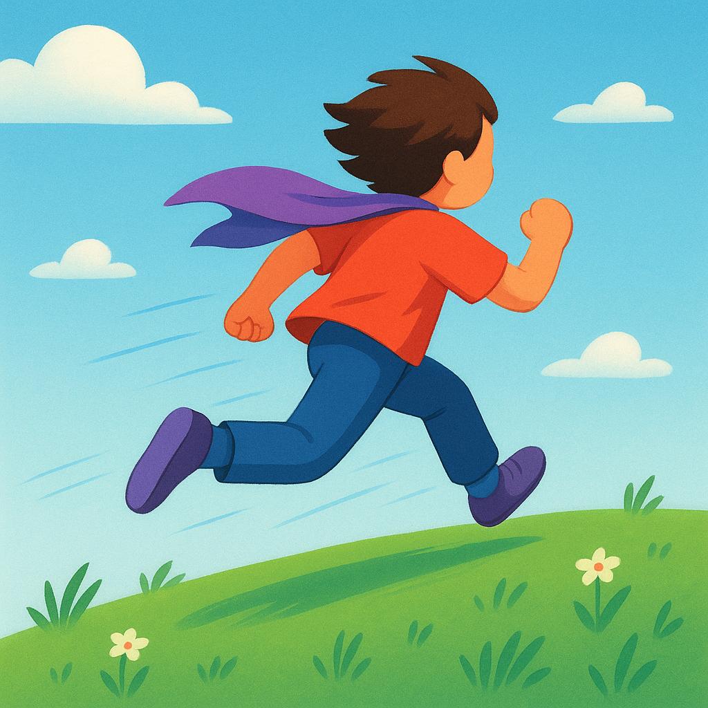 A small person running rapidly across a grassy field, looking back nervously as they flee.