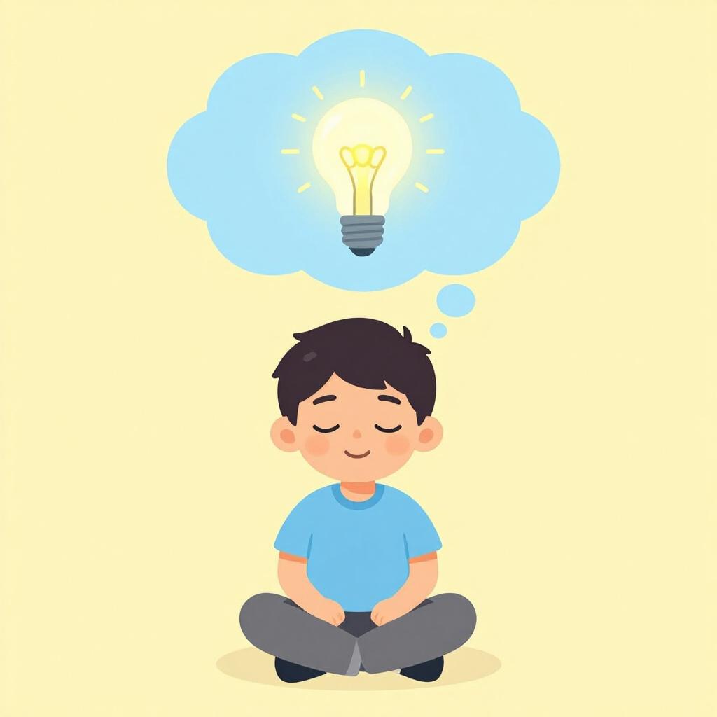A child sitting quietly with a peaceful expression and a glowing thought bubble above their head containing a colorful lightbulb.