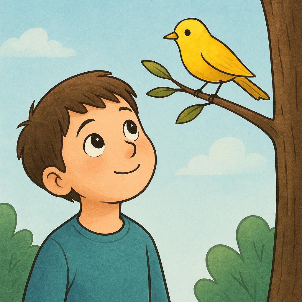 A close-up illustration of a young person looking intently upwards, their gaze fixed on a small, bright yellow bird sitting on a green tree branch.