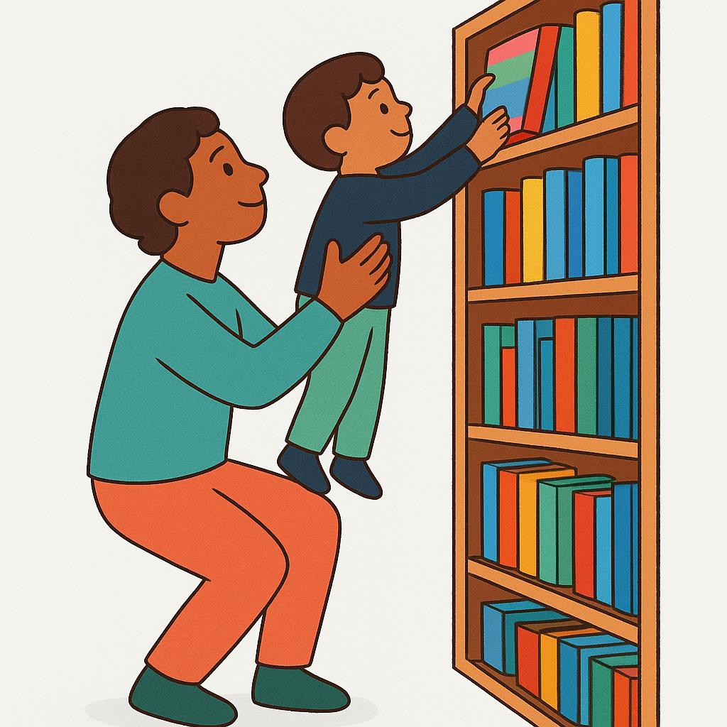 A small child is being lifted gently by an adult so the child can place a book on a high shelf, illustrating the action of having been helped.