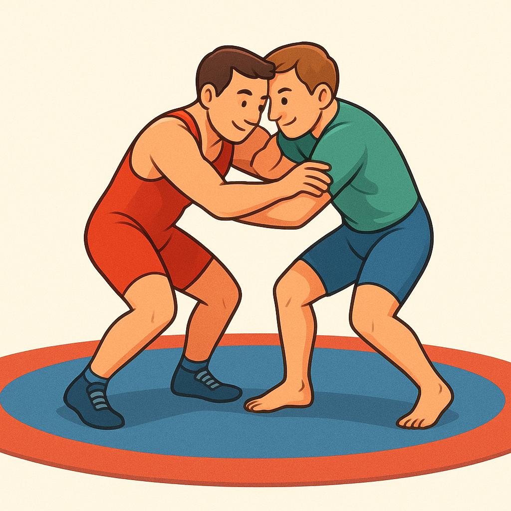 Two simplified figures wrestling intensely on a mat, locked in a grapple, illustrating physical combat.