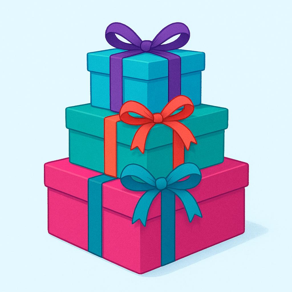A stack of three brightly colored wrapped rectangular gift boxes of different sizes, each tied with a contrasting ribbon and bow.