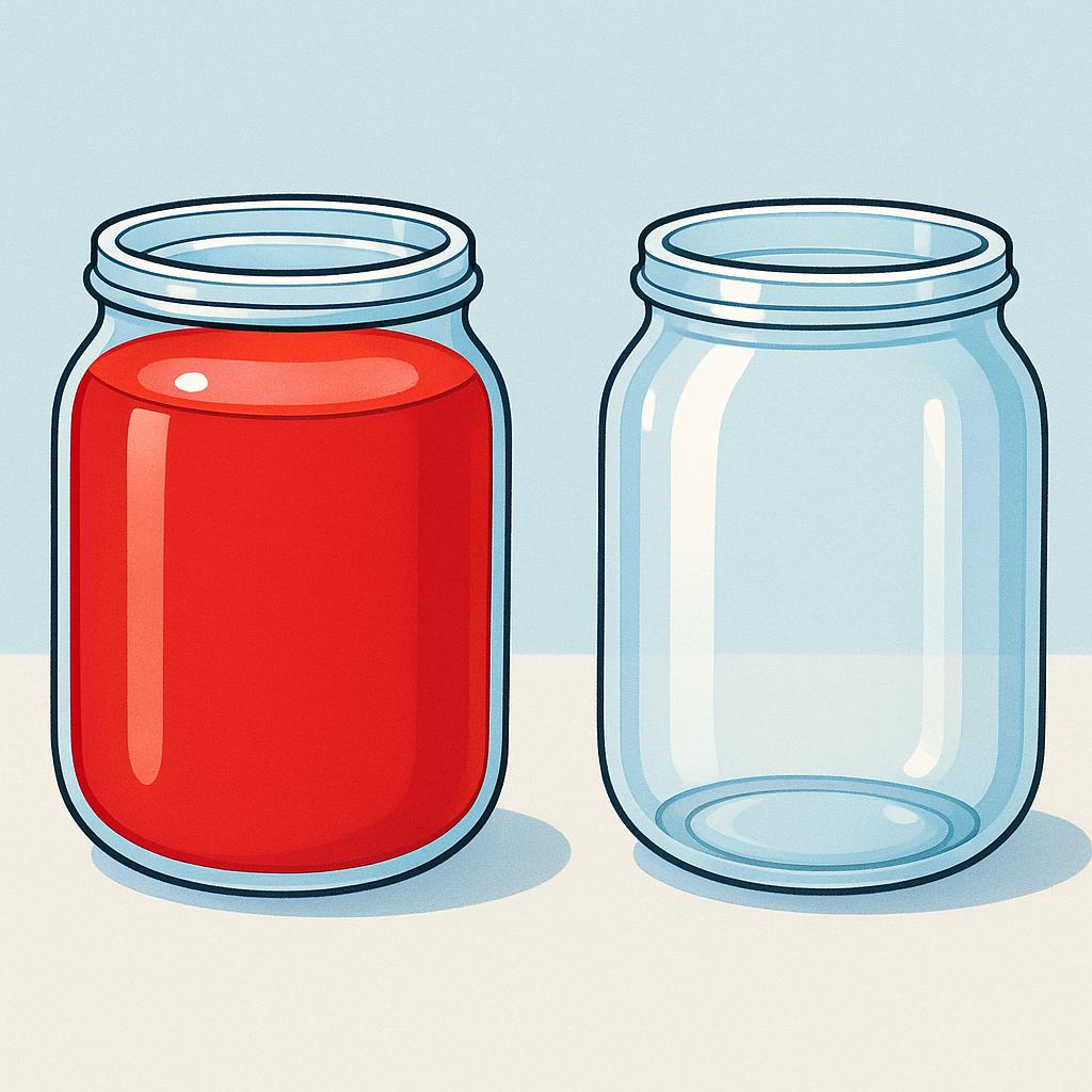 A clear glass jar filled completely to the very top with bright red liquid, contrasting with an empty jar nearby to emphasize the state of being 100% full.