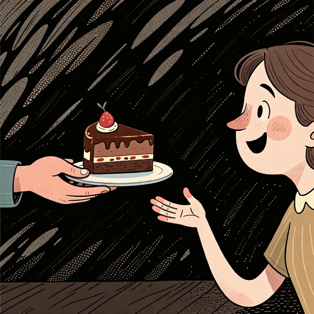 A person is being offered a piece of cake and is reaching for it with a happy expression.