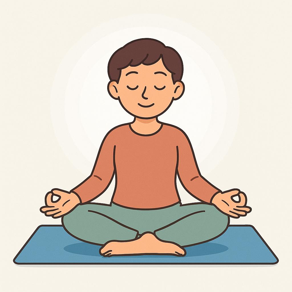 A person with closed eyes sits peacefully in the traditional lotus yoga pose (Padmasana) on a simple mat, illustrating meditation and physical discipline.