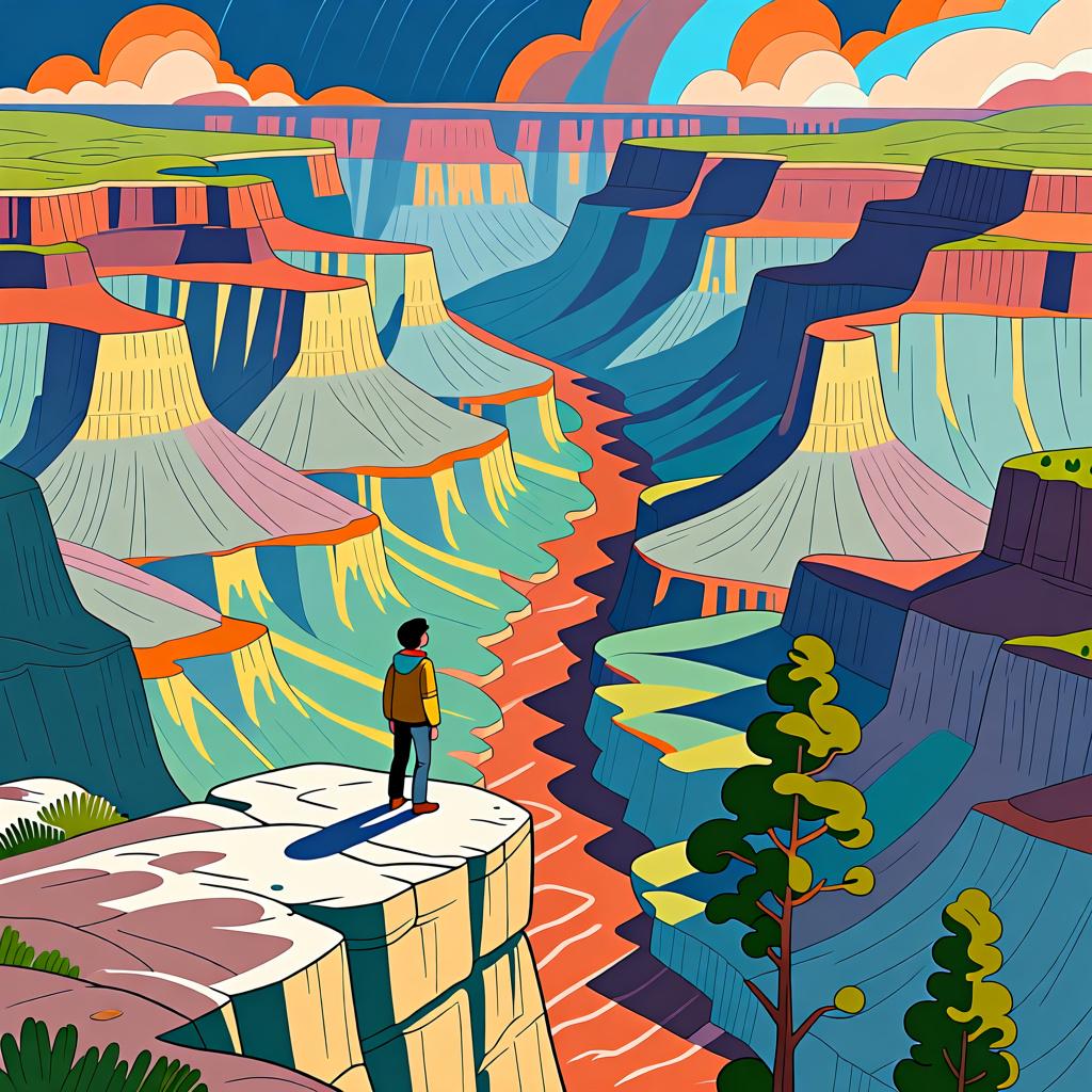 A tiny person stands at the edge of a vast, impressive canyon, emphasizing the concept of 'great' or 'grand'.