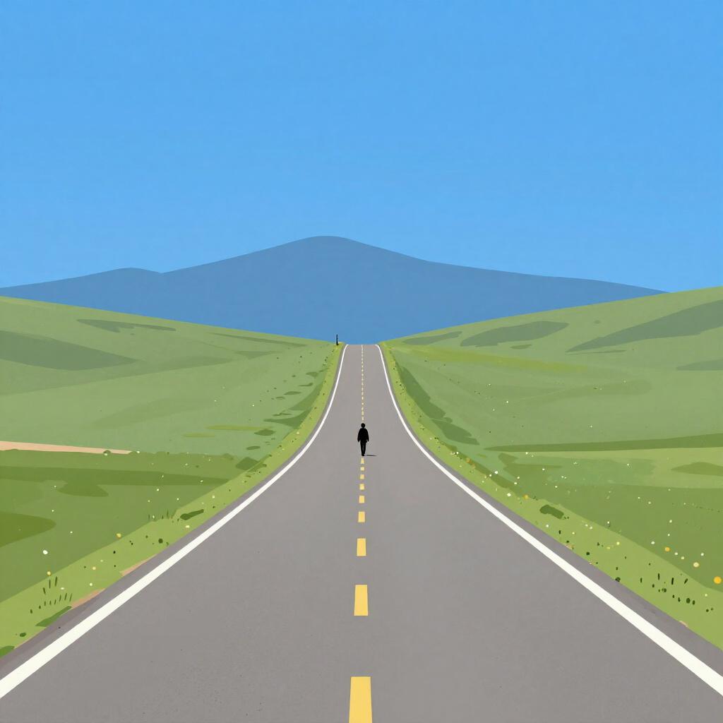 遠くの地平線に向かって伸びる、うねった舗装道路の簡略化された描写。明るい青空の下、なだらかな山々が描かれており、長い距離の単位を象徴しています。