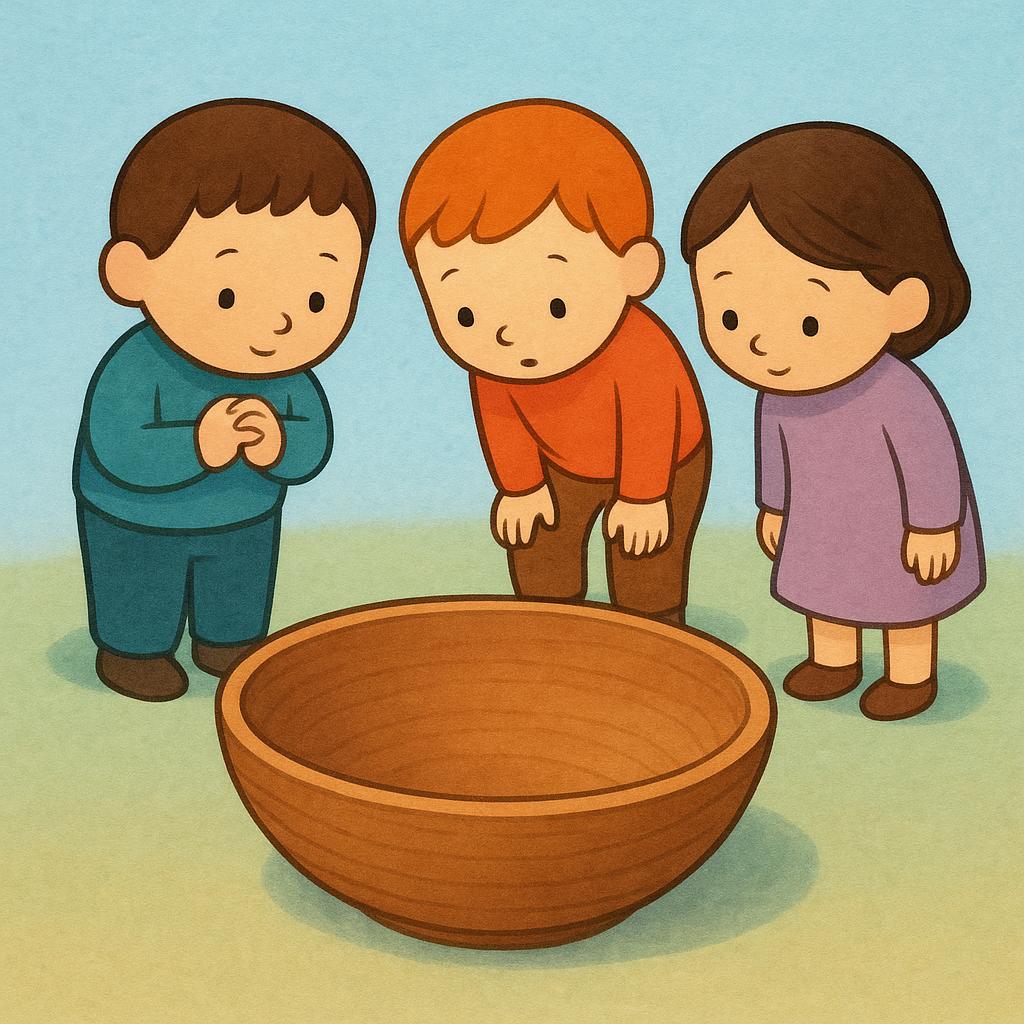 A simple storybook illustration showing three figures standing together, looking expectantly and slightly forlornly at a completely empty, large wooden bowl on the ground, symbolizing a past, ongoing need.