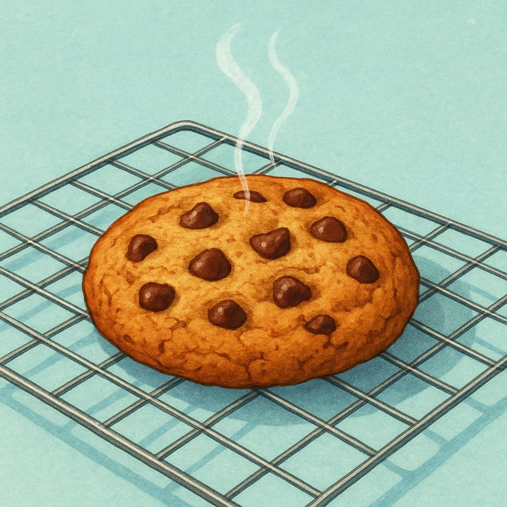 A close-up illustration of a single, warm chocolate chip cookie sitting on a metal cooling rack. A small wisp of steam gently rises from the cookie, indicating it was just baked.