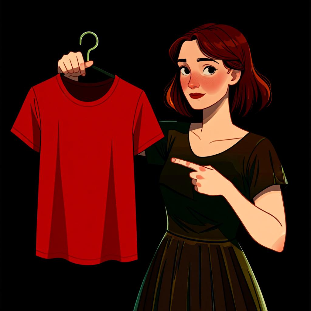 A woman holding a red t-shirt in her hands and pointing to it, to illustrate the concept of 'this shirt'.