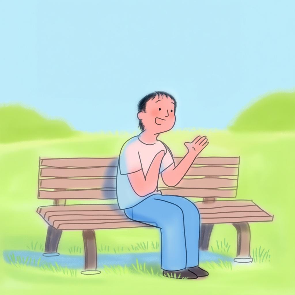 A person with a friendly expression, mouth open as if talking, gesturing with their hands during a conversation.