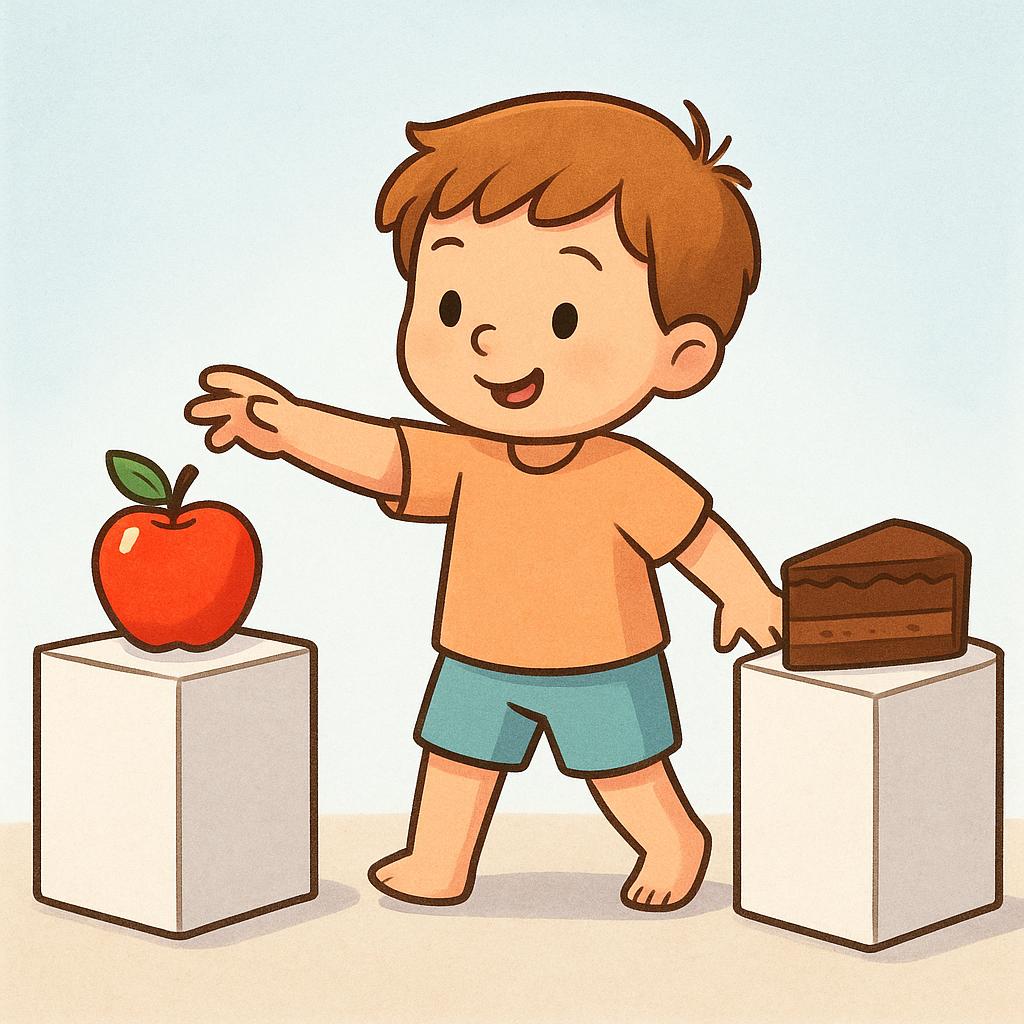 A simple cartoon child stands between two pedestals, one holding a bright red apple and the other holding a slice of chocolate cake. The child is reaching decisively toward the apple, indicating a choice.