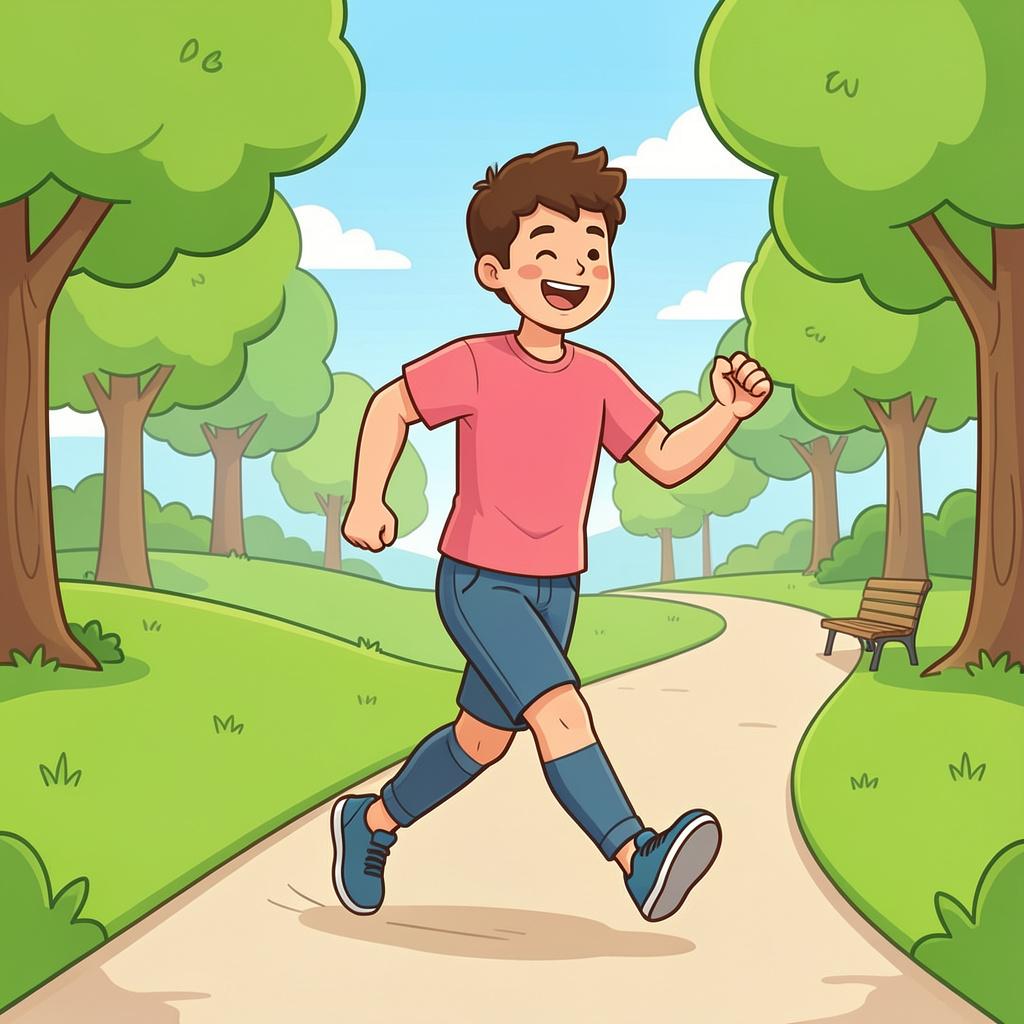 A cheerful person in athletic gear running through a park with high energy.