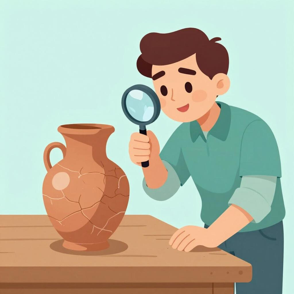 A scientist examining an ancient clay pot with a magnifying glass.