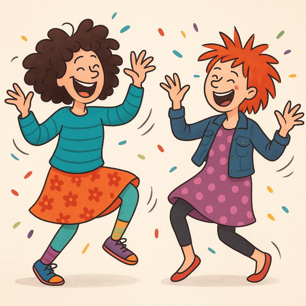 A colorful storybook illustration showing two cartoon women with wild, messy hair and mismatched outfits, dancing erratically and laughing hysterically, symbolizing the state of being irrational.