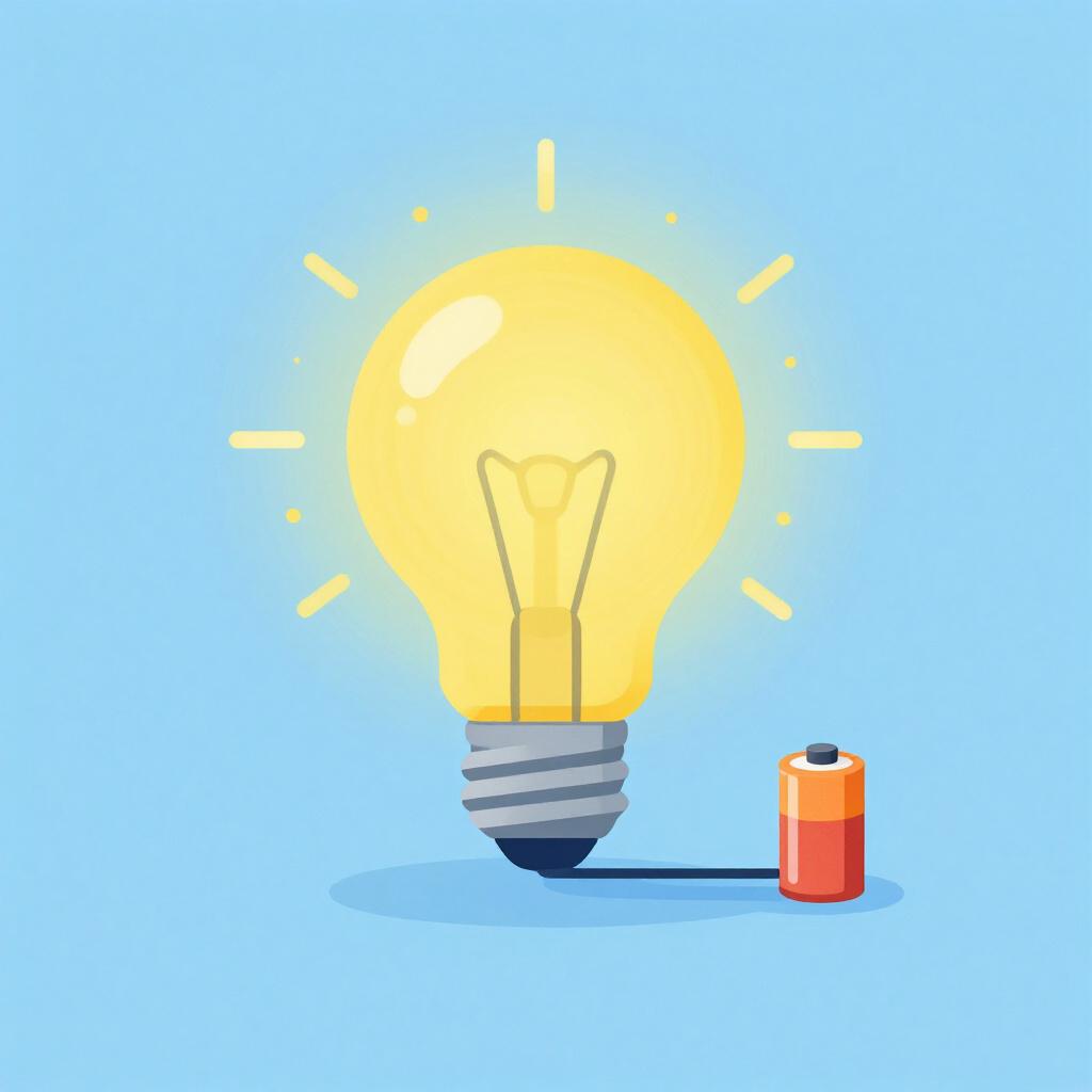 A bright yellow light bulb glowing brightly, connected to a colorful battery by a wire.