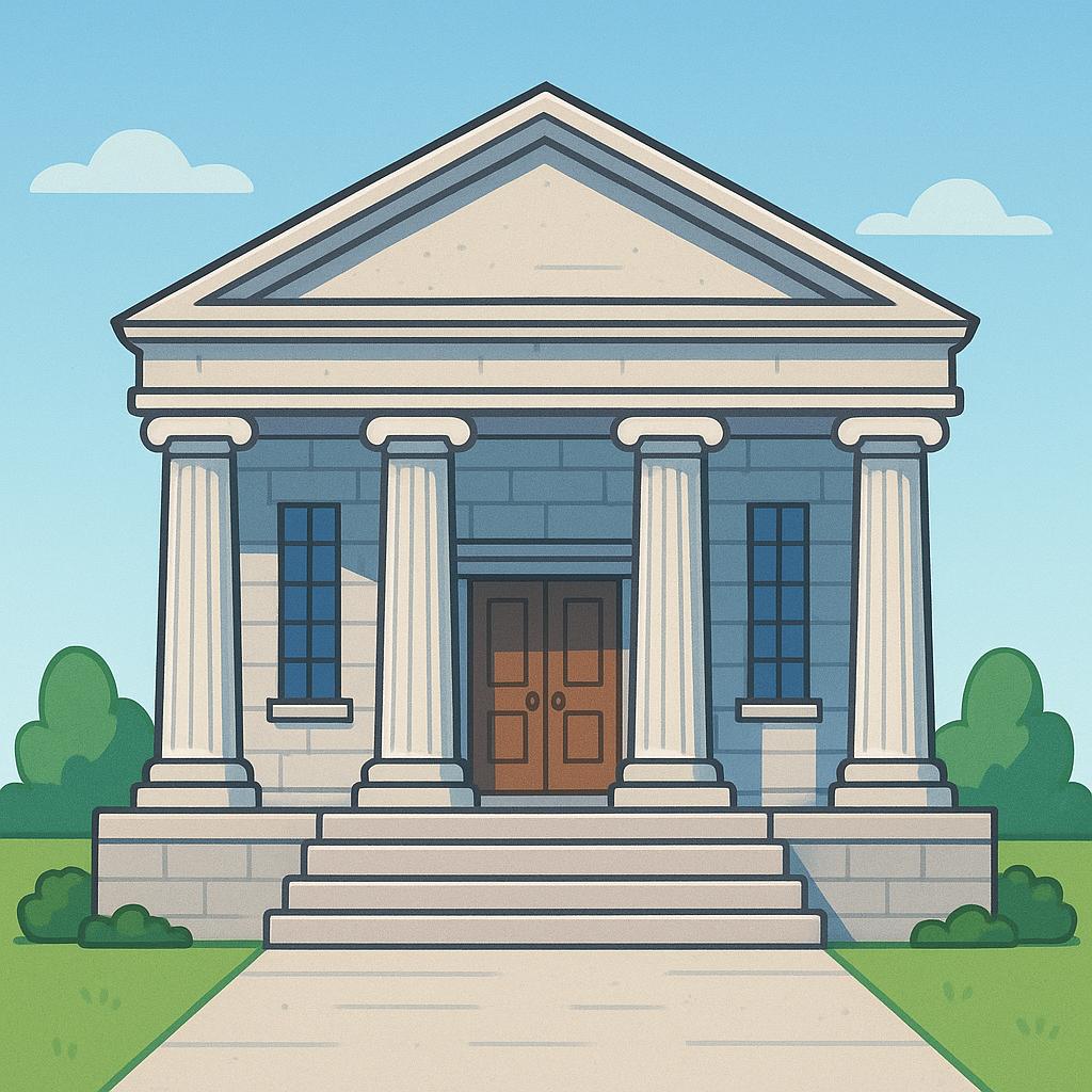 A sturdy, classic building with large columns, commonly recognized as a traditional bank building, symbolizing a financial institution.