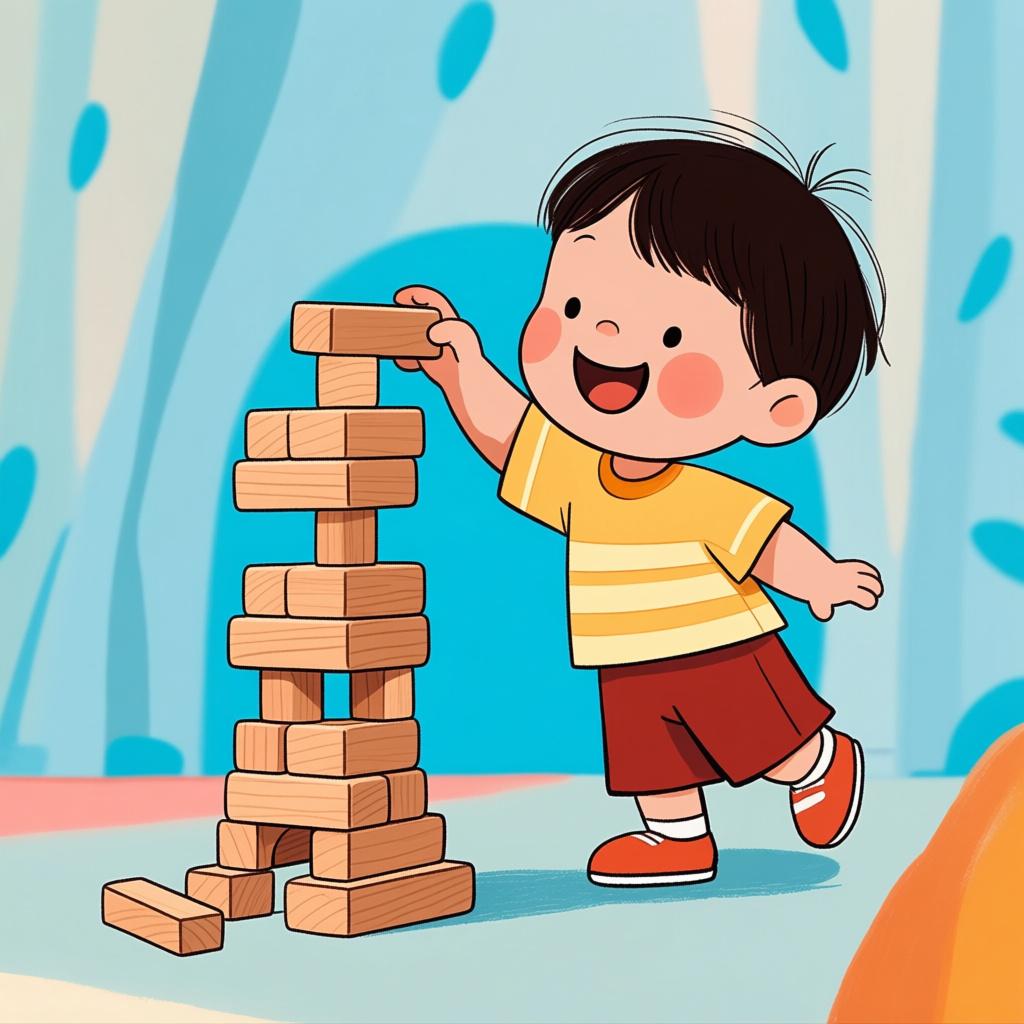 A smiling child effortlessly placing the final piece on a short, simple stack of colorful wooden blocks, symbolizing a task that is easy.