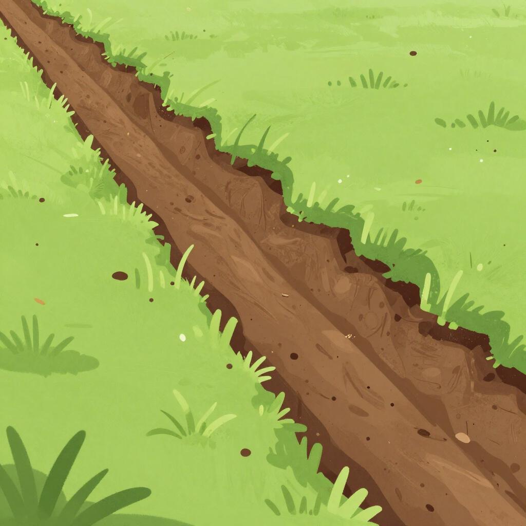 A long, narrow trench dug into the brown earth in a green field.