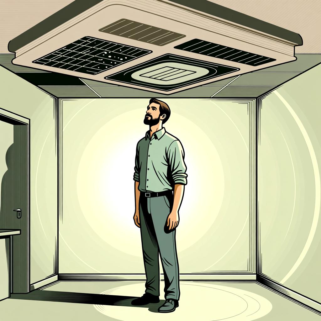 A tall adult person standing in a room with a ceiling that is clearly too low, illustrating the concept of low height or position.