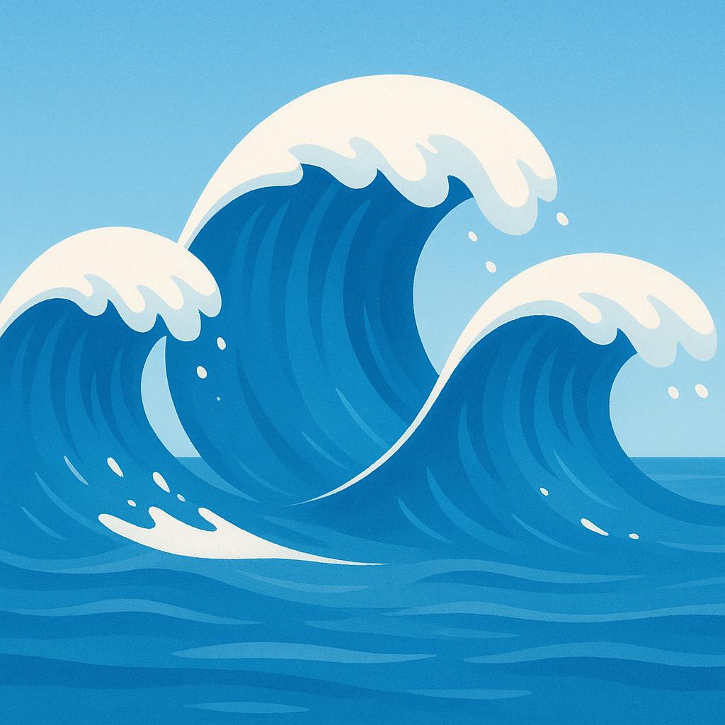 A simple illustration of three large, foamy blue ocean waves rolling across the water surface.