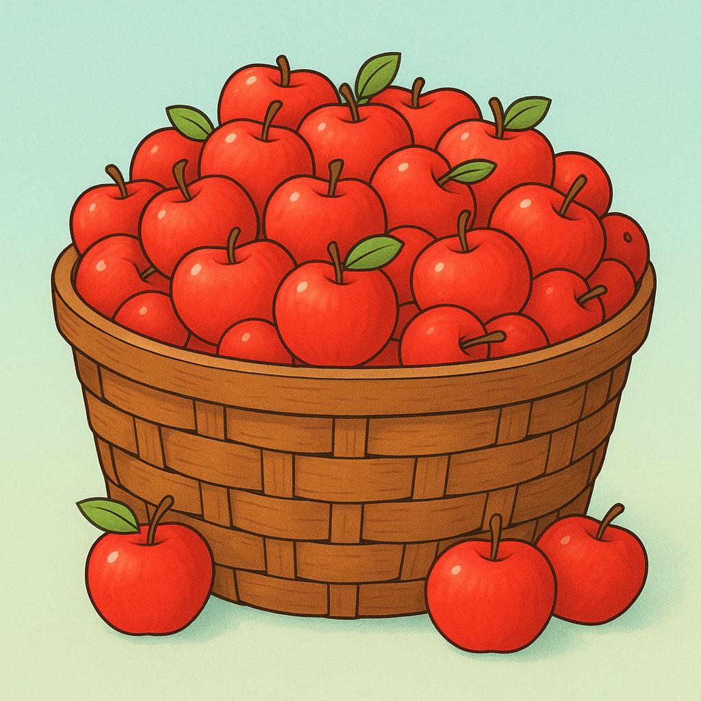 A wooden basket overflowing with a large number of bright red apples.