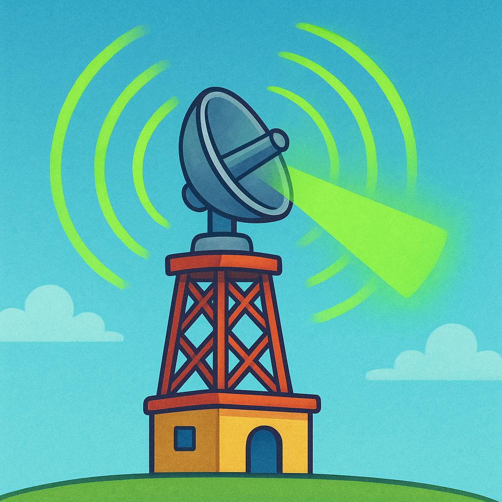 A stylized illustration of a large, gray radar dish rotating on top of a simple tower, emitting curved green electronic detection signals into the surrounding blue atmosphere.