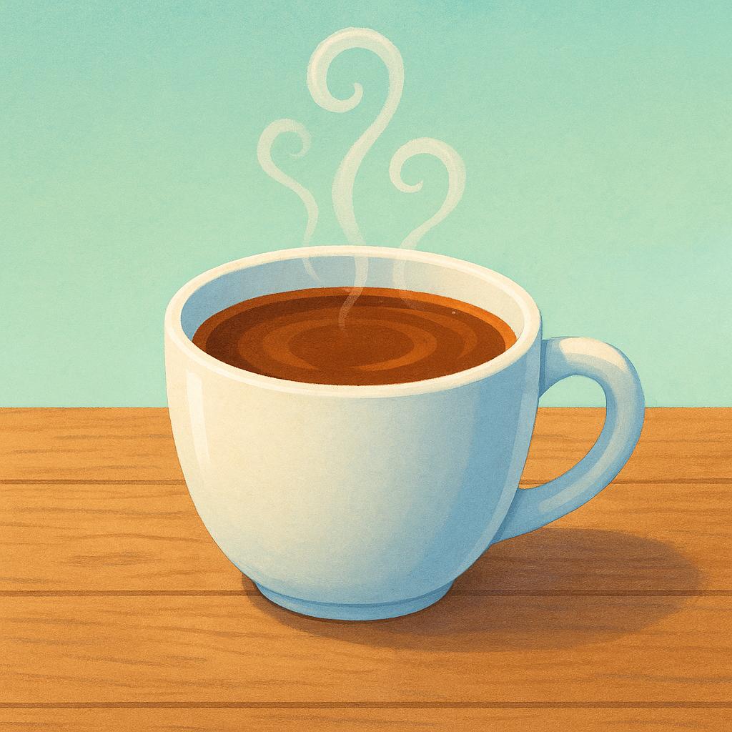 A brightly colored illustration showing a white mug filled with dark coffee, with a strong plume of steam rising above it, indicating the coffee was just prepared moments ago.