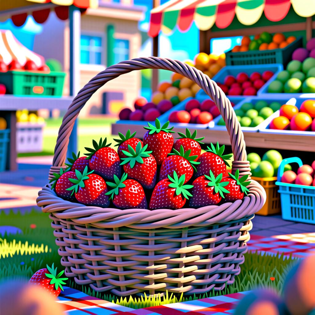 A colorful fruit stand with baskets full of apples, oranges, and bananas, with a sign in front of a basket of strawberries that says 'All strawberries 50% off'.