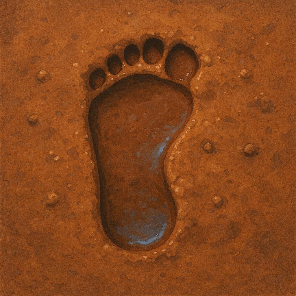 A clear, fresh footprint impressed into wet mud on the ground, indicating something has passed by.