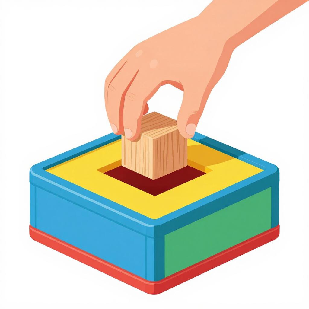 Ein Kind legt vorsichtig einen quadratischen Holzklotz in ein passendes quadratisches Loch in einer Spielzeugkiste.