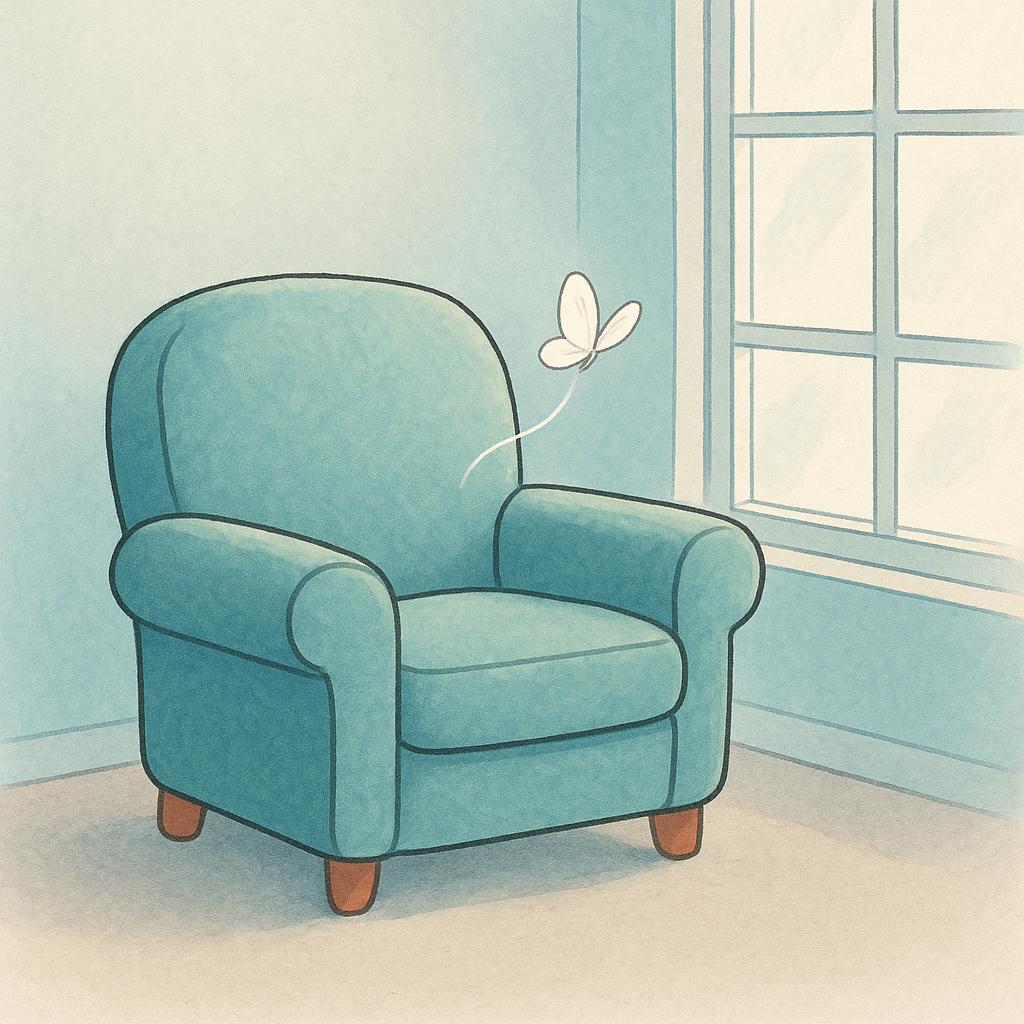 A high quality storybook illustration showing an empty, comfortable armchair positioned beside a sunlit window. A small, white butterfly is gently floating upward from the seat of the chair, symbolizing passing away.