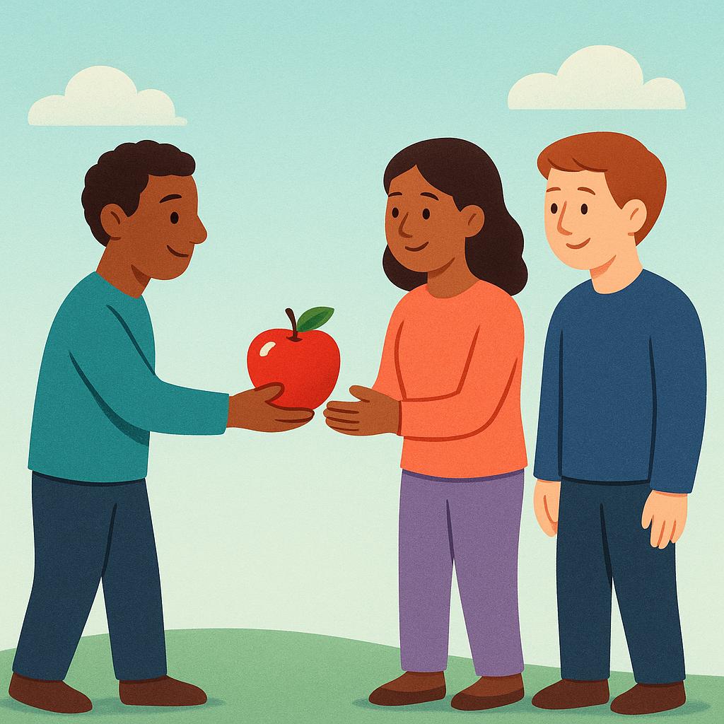 A person is extending their hand to give a bright red apple to two other people who are standing side-by-side with open, waiting hands, symbolizing the command 'Give us'.