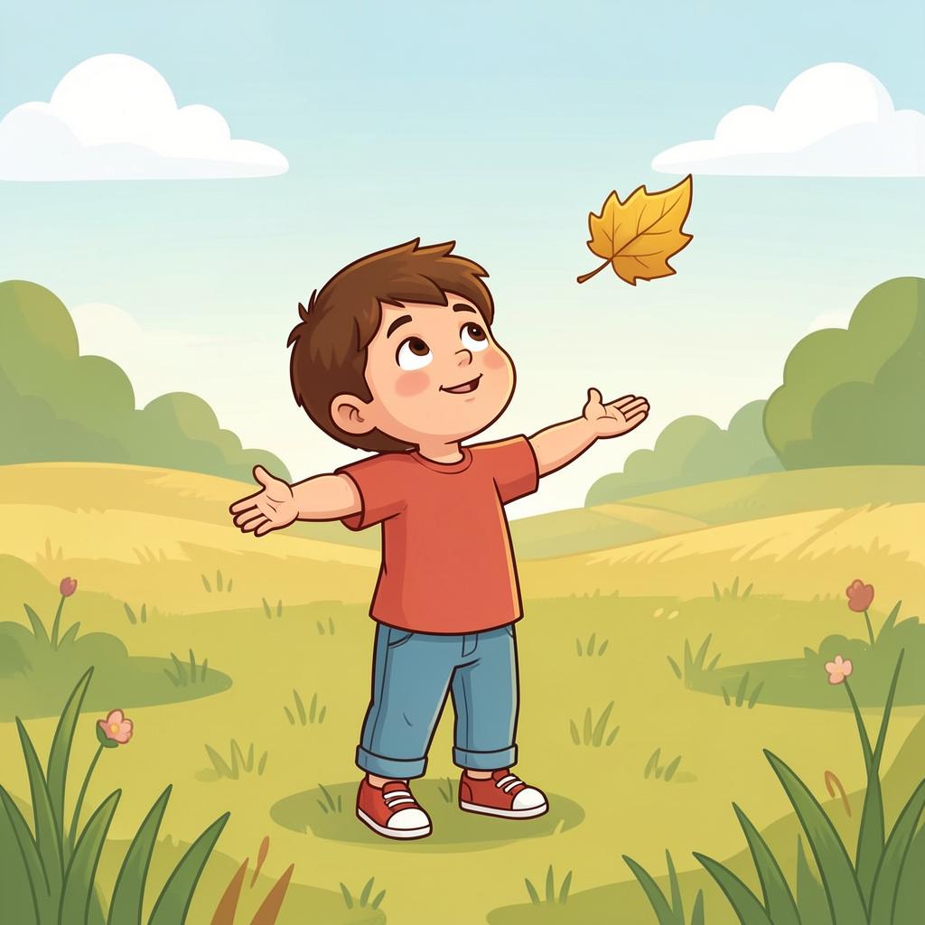 A child with open arms looking up hopefully as a single golden leaf falls from the sky.
