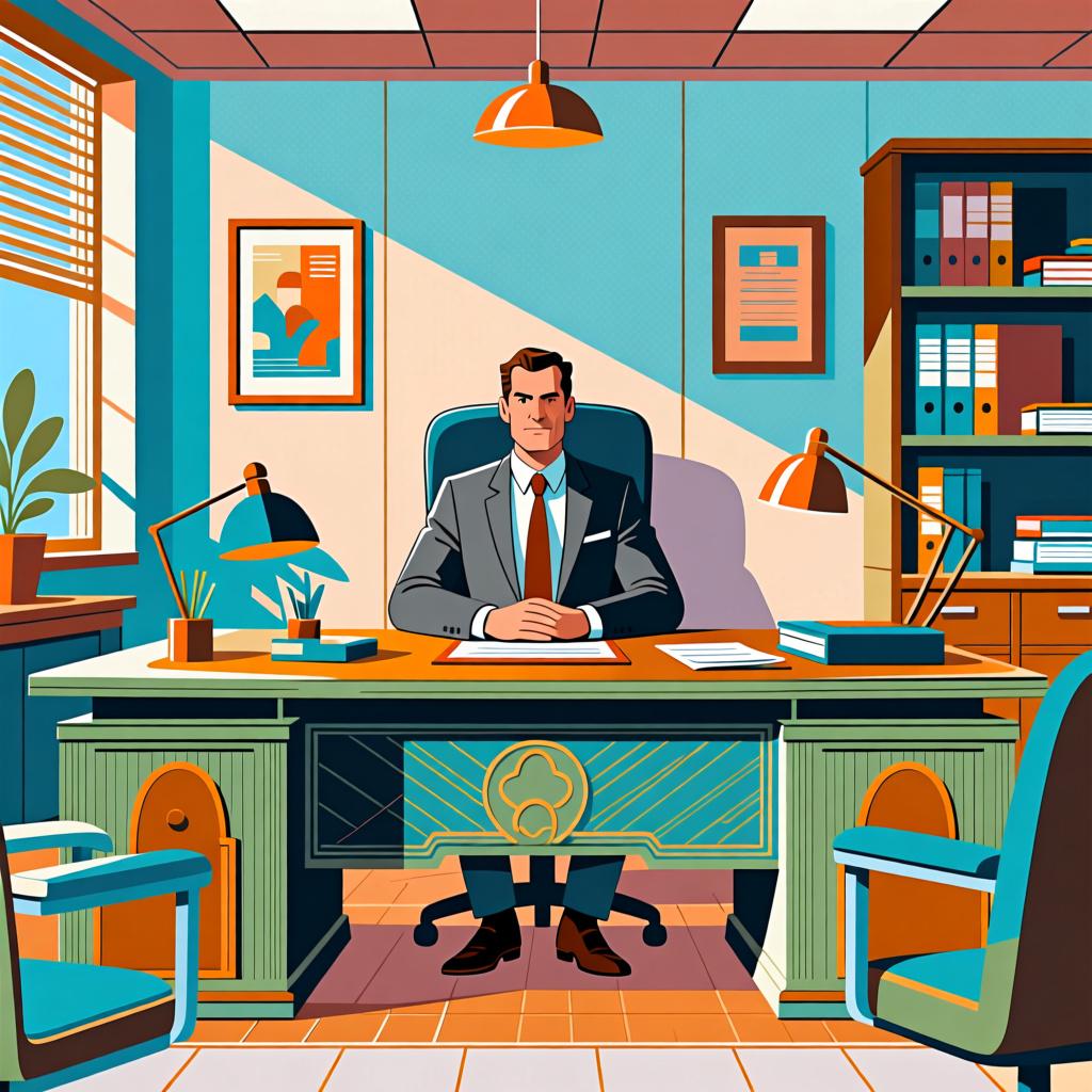 A professional man in a dark suit sitting confidently at a large, polished desk in a bright, modern office, representing a boss or chief.