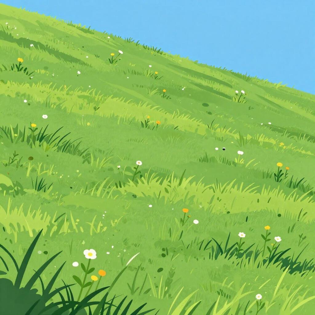 青い空の下、緑豊かな草の丘が下り坂になっている様子。