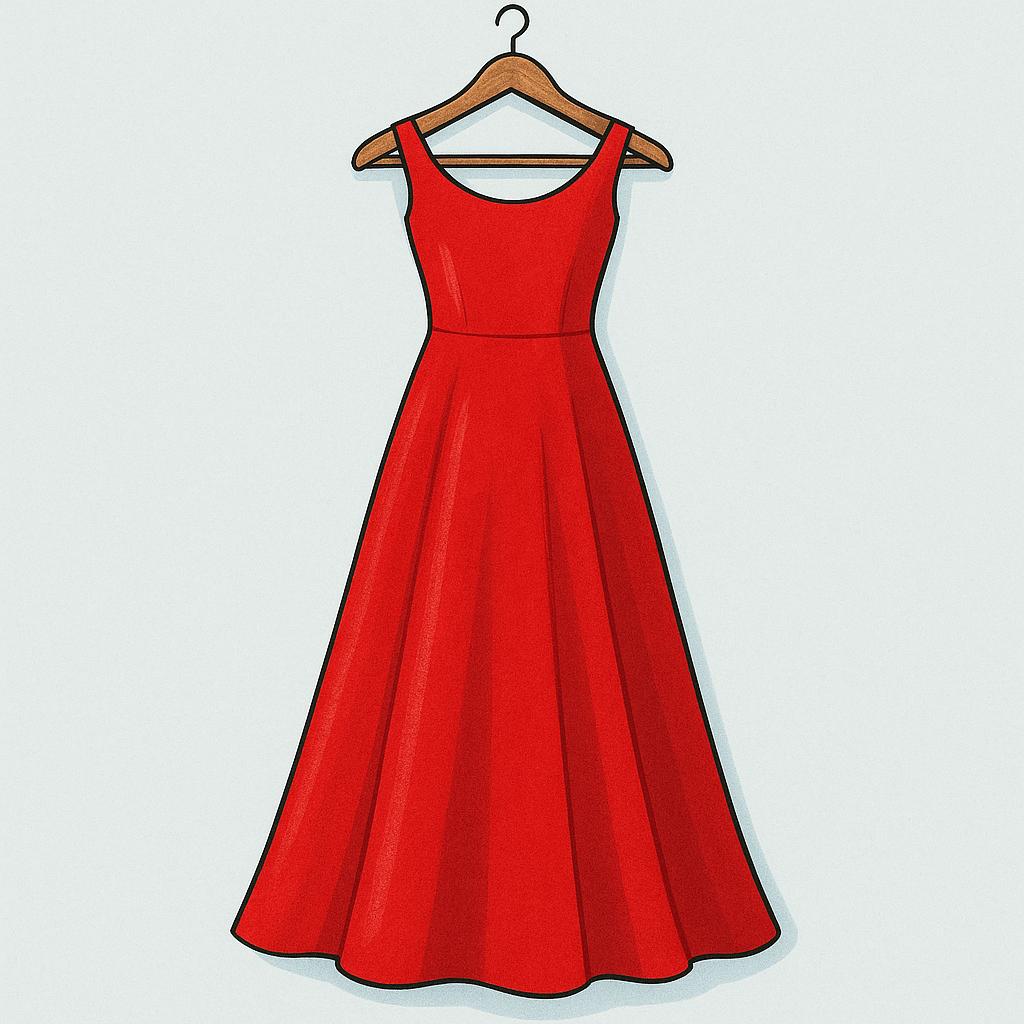 A simple, elegant, bright red, floor-length evening dress hanging neatly on a wooden hanger.