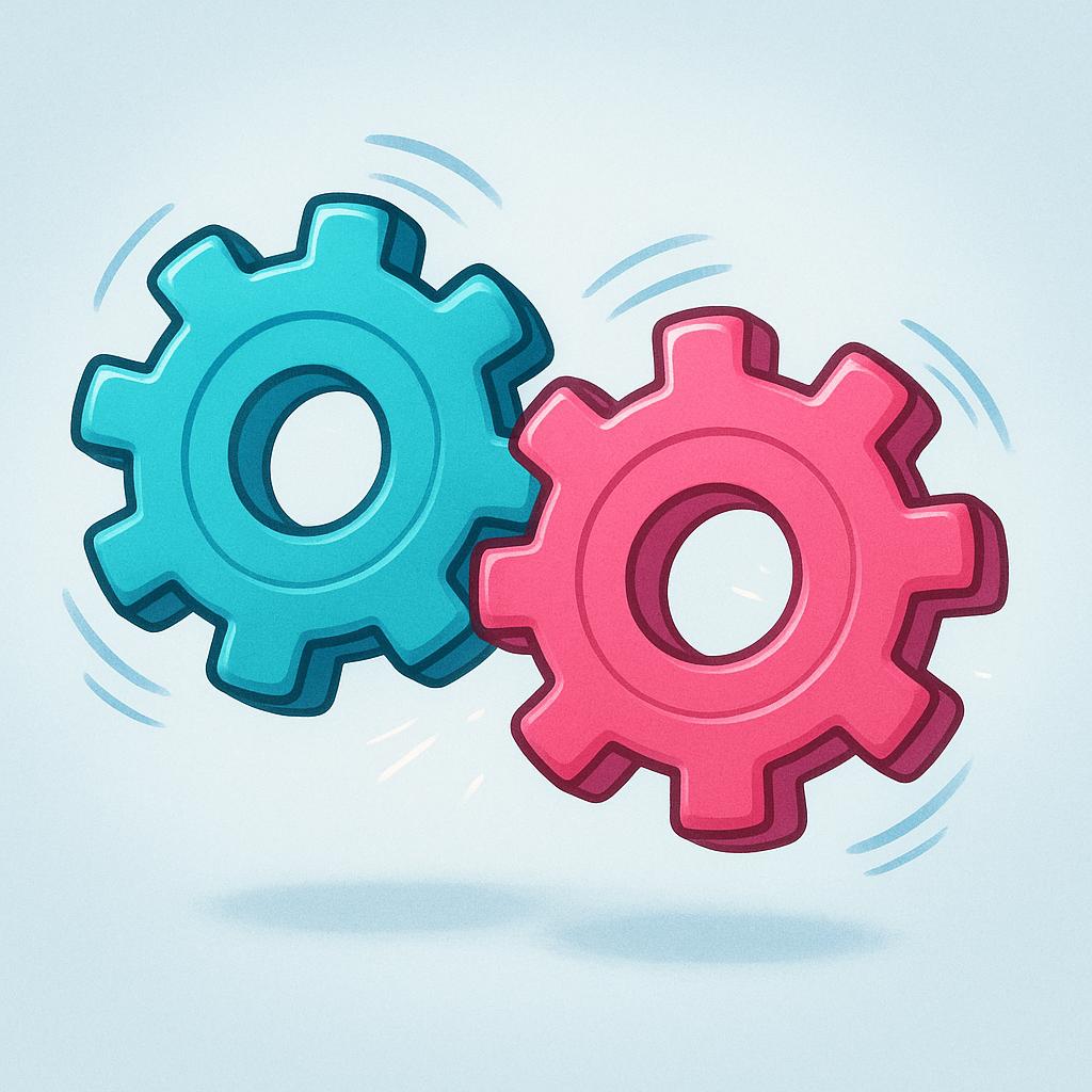 A simple illustration of two brightly colored interlocking gears actively turning and operating smoothly on a solid background.