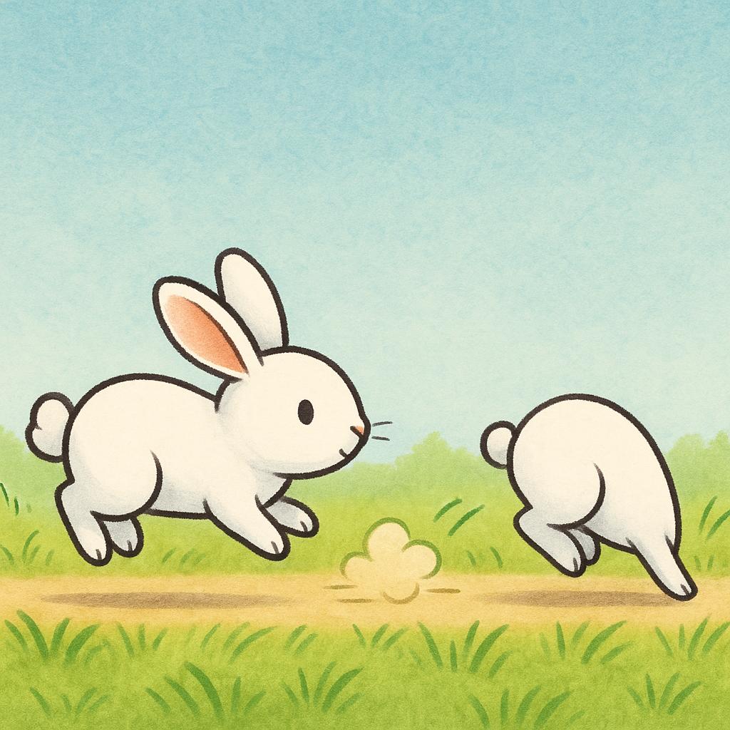 A small brown rabbit quickly hops a very short distance across a green grassy path.