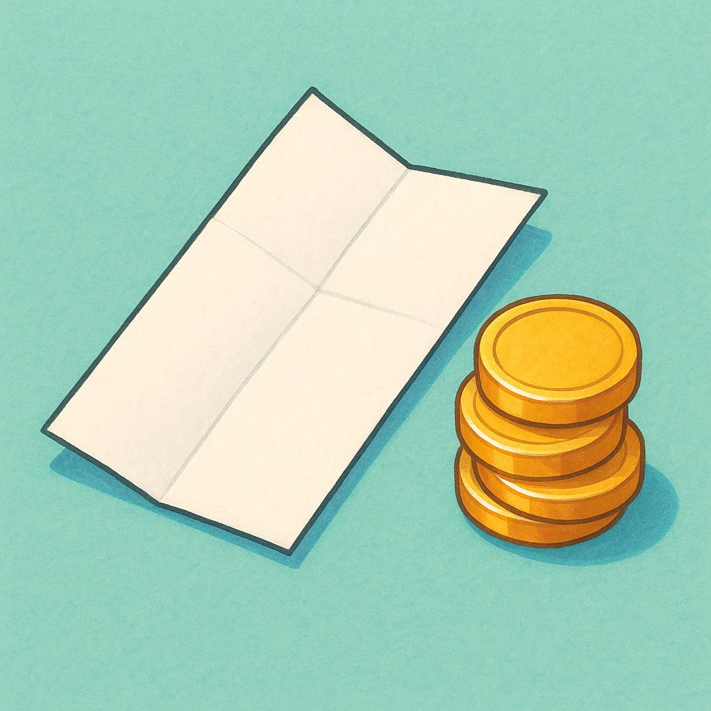 A stylized white paper document, folded neatly, lying next to a small stack of shiny gold coins, symbolizing payment due.
