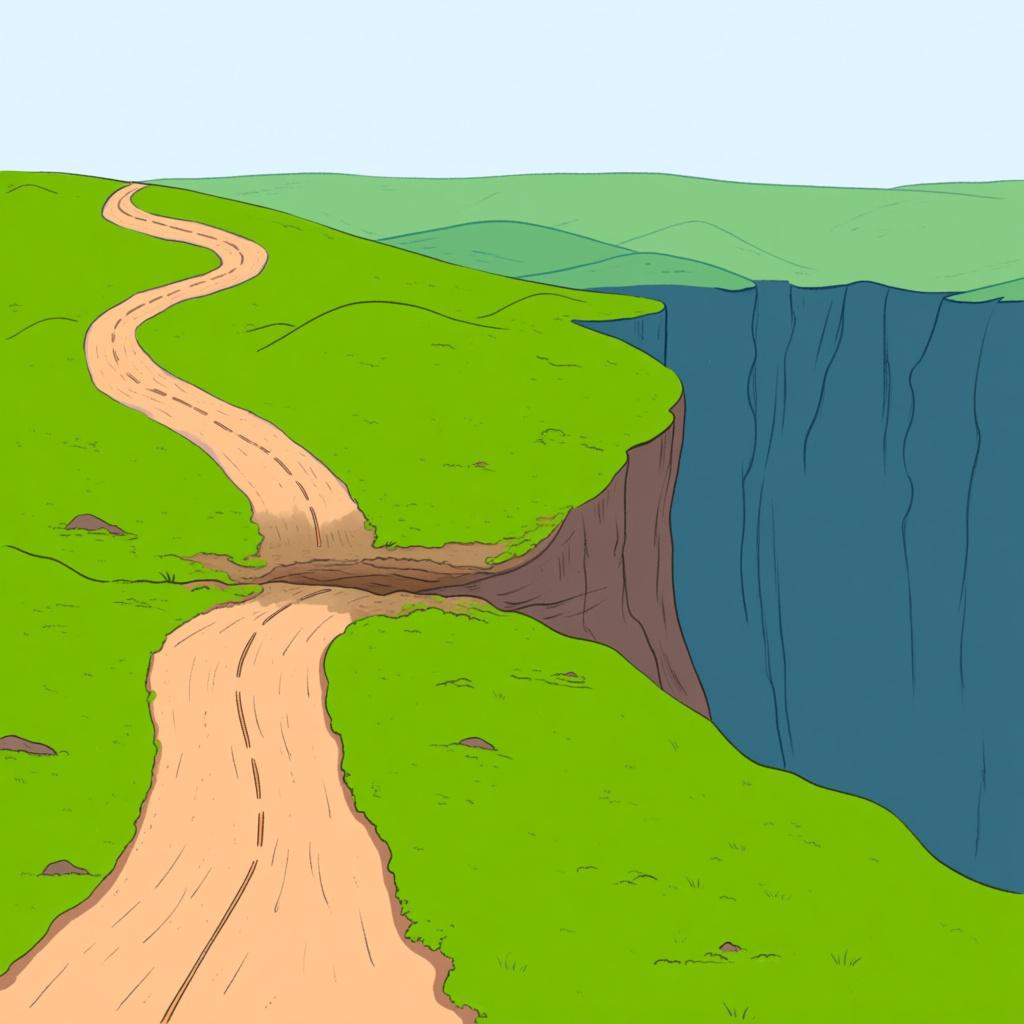 A winding road suddenly ending at the edge of a deep, dramatic canyon, illustrating the concept of contrast or opposition.