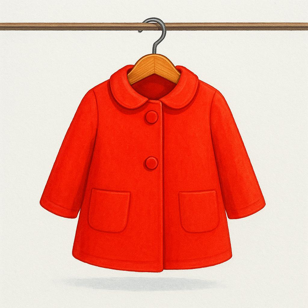 A bright red coat hanging from a single wooden hanger on a simple clothes rod.