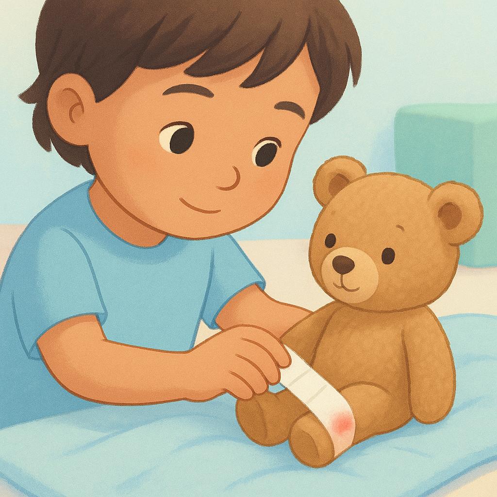 A child carefully wrapping a small bandage around the leg of their teddy bear, showing an act of care or treatment.