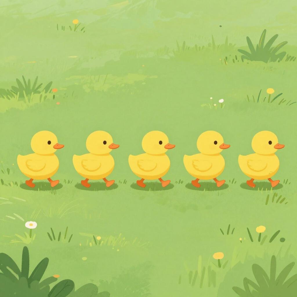 Une rangée de canards colorés marchant en file indienne sur un champ vert.