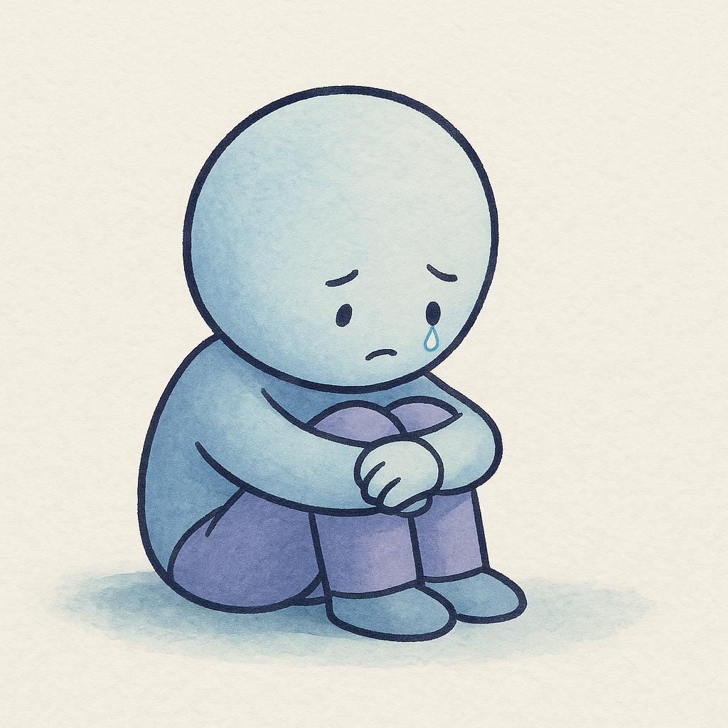 A storybook illustration of a small, simple character sitting alone, holding its knees, looking visibly upset with a single tear rolling down its cheek, illustrating emotional pain.