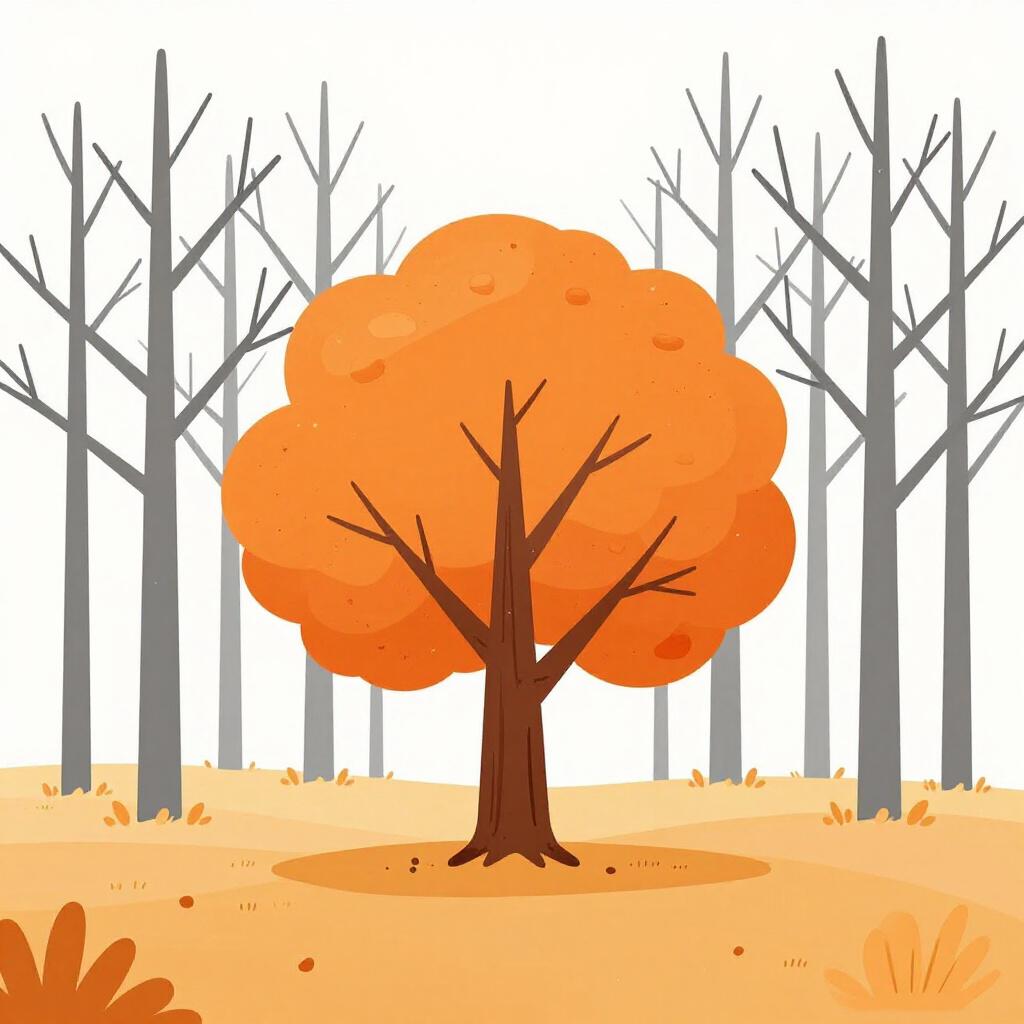 A single tree in a field with orange and red leaves while all other trees are bare.